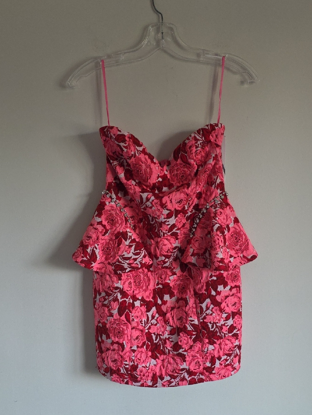 NWT ZARA | Floral Jacquard mini dress jewel appliqued Red Sz L - Picture 5 of 9